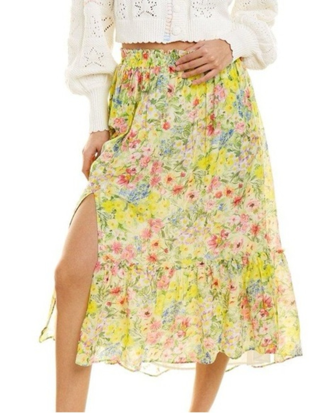 LoveShackFancy Kamala Midi Skirt Rainbow Skies Yellow Floral Cotton Silk L NWT
